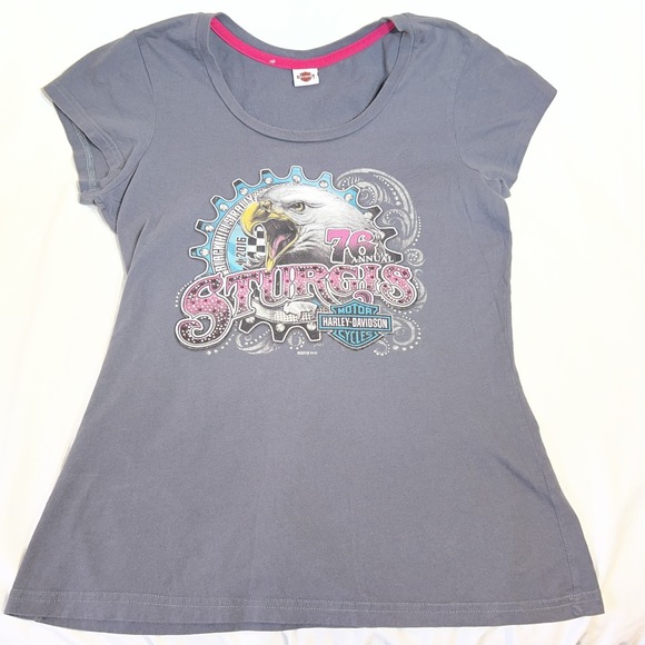 Harley-Davidson Tops - Harley Davidson Sturgis 2016 76th Annual Rally Eagle Rhinestone Gray T-Shirt L